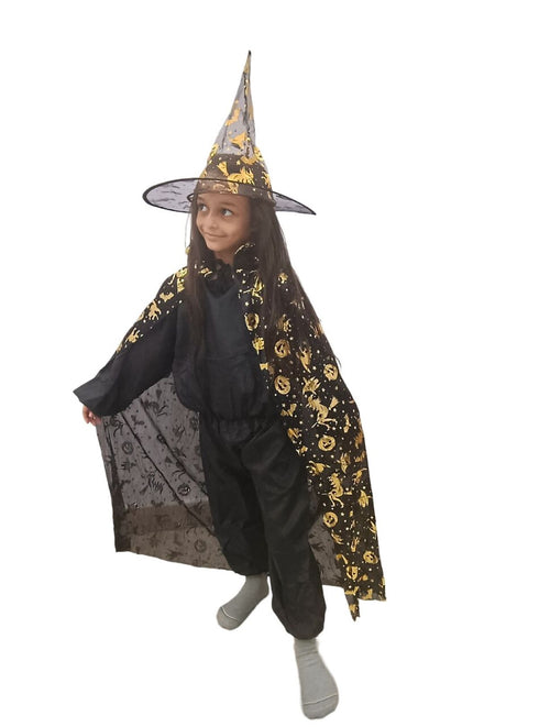 BookMyCostume Golden and Black Witch Cape with Hat - Witch Costume for Girls with Printed witch Pumkin Design and Pumpkin Basket Combo | Halloween Costume for Girls